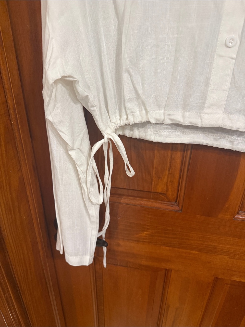 White Cropped Drawstring Button-Up Shirt - Picture 5 of 5